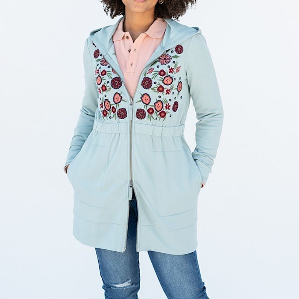 NWT Evy’s Tree Women’s Anne-Marie Embroidered Hoodie in Dusty Blue Size Small
